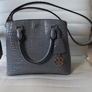 Tory Burch Gray Crocodile Embossed Satchel